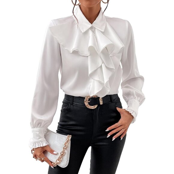 Women's Elegant Solid Ruffle Trim Flounce Long Sleeve Button Down